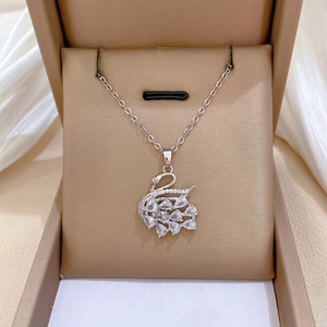 Sparkling crystal swan necklace in silver titanium steel with elegant cross chain