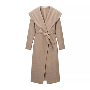 Women's mid-length wool coat in light camel with wide lapels and waist tie belt