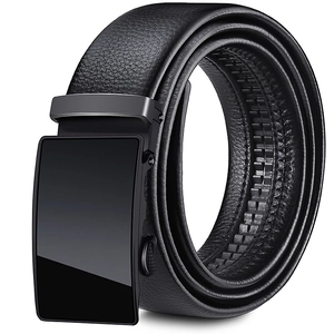 Men's black leather belt with automatic buckle and textured finish on a white background