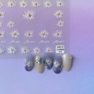 White Flower Nail Art Stickers 3D Relief Embossed Floral Design Thin Tough Semi-Transparent Elegant Manicure Decals