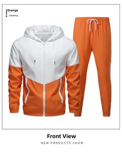 Front view of men's casual hooded sportswear set in white and orange patchwork design