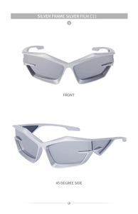 Macro detail of silver Y2K futuristic geometric sunglasses with metallic finish