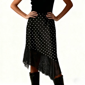 Detail of black polka dot skirt featuring lace trim and irregular asymmetric hemline