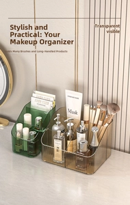 Detailed view of dark green and amber luxury cosmetic organizers with vertical stripes
