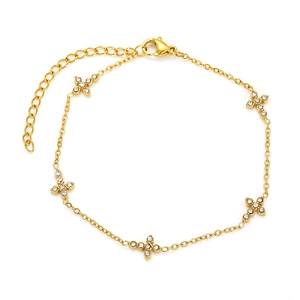 Gold plated stainless steel cross bracelet featuring five zircon pendants and adjustable chain