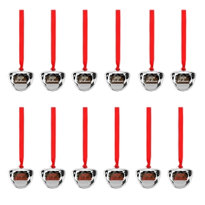 Set of 12 silver metal Christmas bells with 2025 Believe engraving and red ribbons