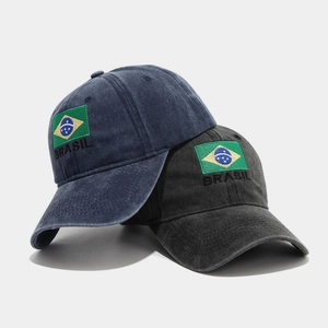 Vintage washed cotton baseball cap featuring Brazil flag embroidery in navy and charcoal gray