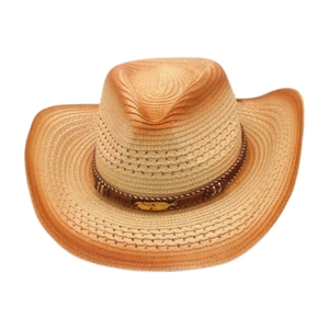Bohemian straw cowboy hat with gradient brown weave and golden feather metal accent