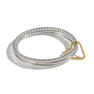 Multi-layer silver stainless steel beaded ring bracelet with a golden heart accent