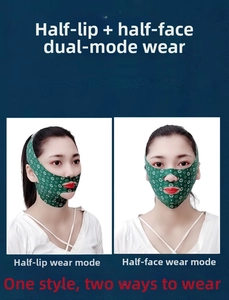 Detail showing two wearing modes of the green V-line lifting mask with clover patterns