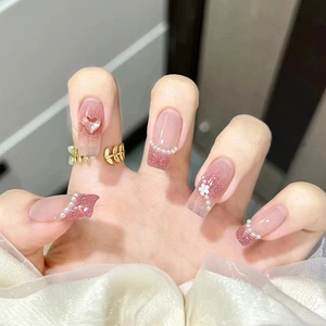 Pink Gradient Press On Nails Long Coffin Shape With White 3D Flower Faux Artificial Pearl Heart Rhinestone Glitter Sweet Style Wearable