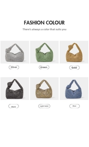 Selection of knotted rhinestone handbags in silver, green, gold, black, champagne, and blue