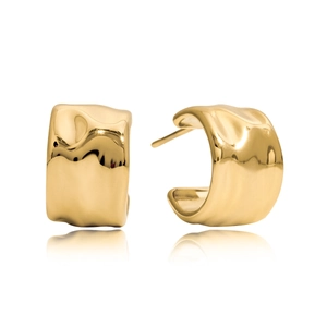 Detailed view of wide irregular molten texture hoop earrings in 14K gold plated finish