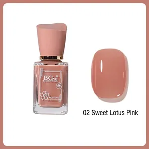 Detail view of BGve nail polish 02 lotus pink 14ml bottle with matching color swatch