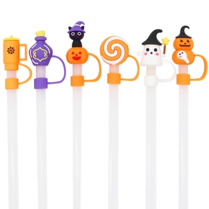6-piece Halloween straw covers set with pumpkin and ghost designs for 10mm wide straws