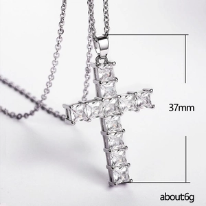 Hip hop cross pendant necklace with square zircon stones in silver tone finish, 37mm height