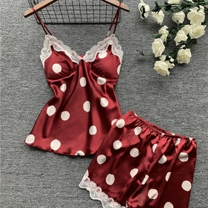 Polka Dot Satin Camisole Top And Shorts Sleepwear Loungewear Lace Trim V Neck Spaghetti Straps For Women Elegant