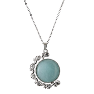 Fashionable rotating star and moon pendant necklace with light blue stone and crystals
