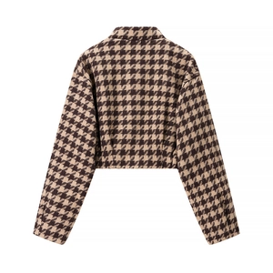 Back view of women's short houndstooth jacket in brown and khaki tweed texture