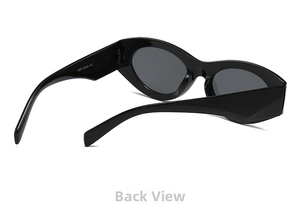 Detailed view of black cat-eye sunglasses with wide temples and inner size specifications