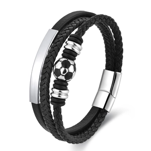 Men's double-layer black braided leather bracelet with silver football charm and magnetic clasp