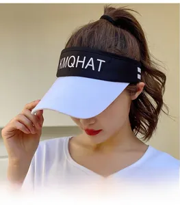 Detail of KMQHAT sport visor showing white embroidery on black canvas with a wide brim