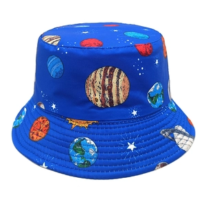 Detail of navy bucket hat with galaxy print and precision stitching on the brim