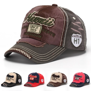 Distressed Washed Cotton Baseball Cap Hawaii Embroidery Retro Patchwork Adjustable Sun Protection Hat Unisex