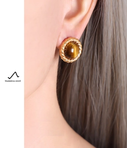 Detailed shot of golden stainless steel stud earrings featuring round brown tiger eye stones