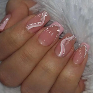 Unghie Finte Corte Quadrate Rosa Viola Galassia Glitter Argento Stile Francese Design Ondulato Per Donne