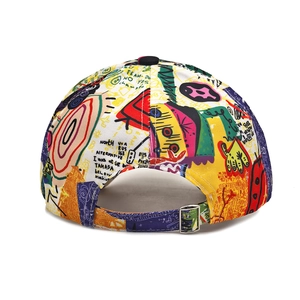 Close-up of street style printed baseball cap with adjustable metal back buckle detail
