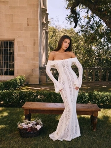 Elegant white lace off-shoulder dress with bell sleeves and mermaid trail for women