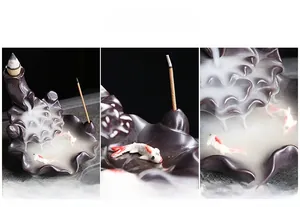 Macro view of ceramic lotus leaf backflow incense burner with realistic koi fish details