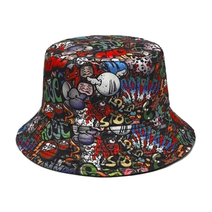 Reversible Bucket Hat Polyester Graffiti Print Sun Protection Streetwear Retro Fisherman Cap For Outdoor Travel Unisex