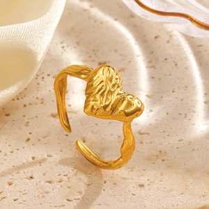 Minimalist gold heart-shaped ring with vintage wrinkled texture and adjustable band