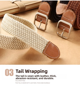 Detail view showing stitched leather end and metal pin buckle of woven elastic belts