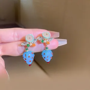 Blue Strawberry Fruit Drop Earrings Glaze Alloy Crystal Sweet Fresh Style With Silver Earring Post