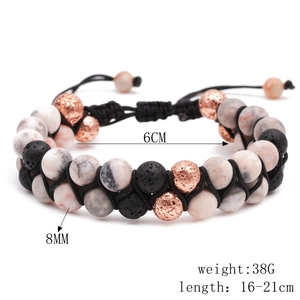 Bracciale intrecciato in diaspro zebra rosa e pietra lavica nera regolabile da uomo