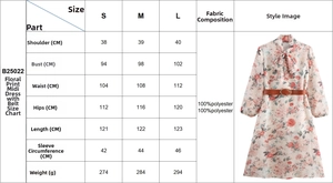 Detailed size chart for the floral print chiffon midi dress with fabric composition info