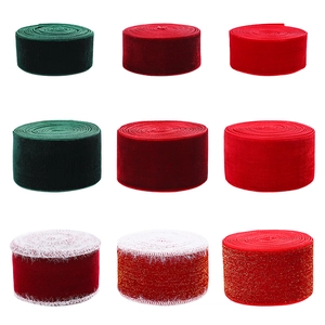 Red and green velvet Christmas ribbons with white edges for gift wrapping and bows