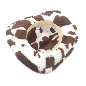 Detail view of cow print western hat interior with 100% polyester fabric lining