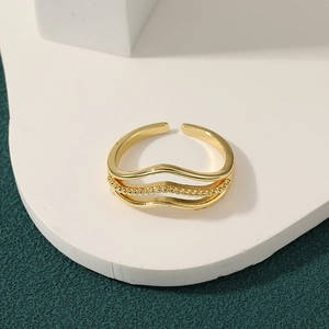 Polished gold wave layered ring with beaded edge and adjustable open band for women