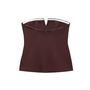 Top a corsetto senza spalline marrone cioccolato aderente con scollo a V e zip
