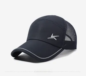 Close-up of breathable mesh baseball cap with reflective gray edge and side logo detail