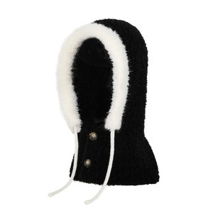 Winter thermal balaclava with black fleece and white plush trim and button closure