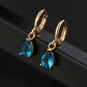 Elegant 18K gold plated hoop earrings featuring blue waterdrop zircon pendants