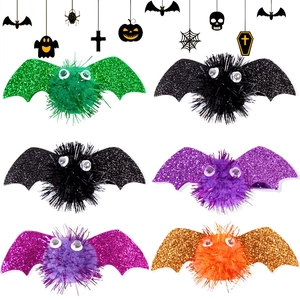 Halloween Bat Wing Hair Clips Glitter Pom Pom Hairpins For Party Cosplay Costume Accessories For Women Girls 5 Colors