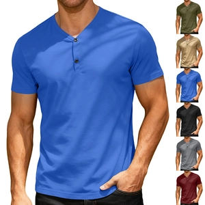 Macro view of breathable fabric texture and Henley V-neck with two buttons on blue tee