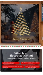 Golden Christmas tree electrostatic window decal made of PVC with Merry Christmas text