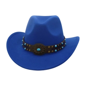 Cappello da cowboy western blu reale a tesa larga con fascia in pelle turchese